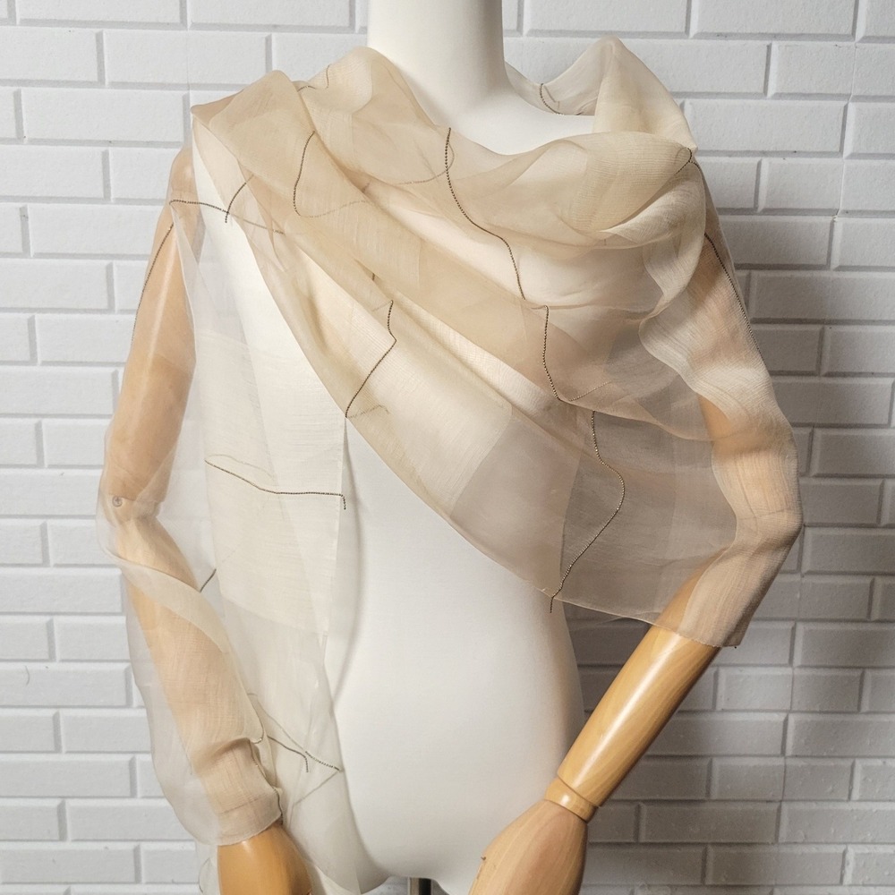 Randi & Will Evening Scarf Cream Ombre Wool Silk Beaded Shawl Quiet Luxury